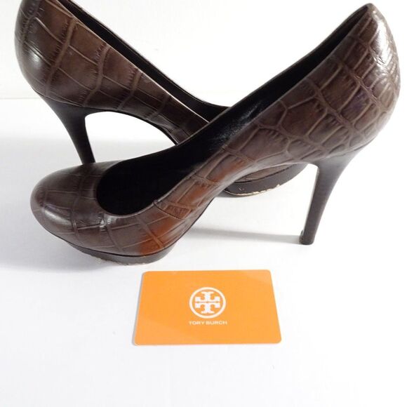 Tory Burch Brown Leather Faux Crock Platform Pumps Sz 6.5 - Picture 12 of 13